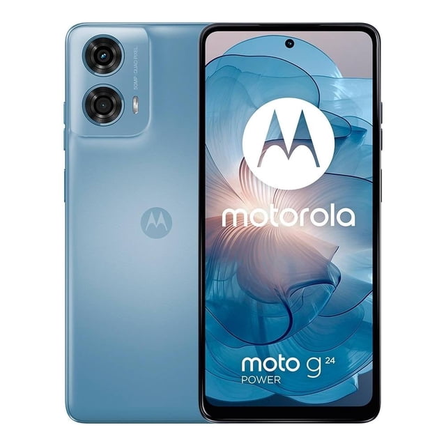 Smartphone Motorola Moto G24 Power 256 GB Azul Desbloqueado con pantalla de 6.6 pulgadas y tasa de refresco de 90 Hz, cámara dual de 50 MP con visión macro, batería de 6,000 mAh con carga TurboPower 30, procesador Octa-Core y audio Dolby Atmos para multitareas y entretenimiento móvil.