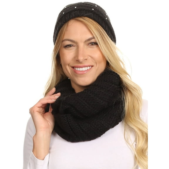 Sakkas Sayla Rhinestone Jewel Soft Warm Woven Cable Knit Beanie Hat And Scarf Set - Black - OS