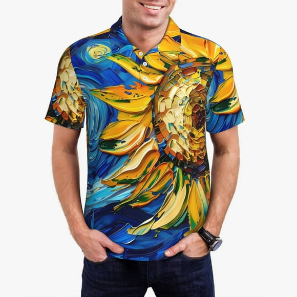 Saiise Chemise de Golf vintage Imprimé Tournesol Étoilé pour Hommes Évacuation de l'Humidité Séchage Rapide Polo Performance pour Hommes-3TG