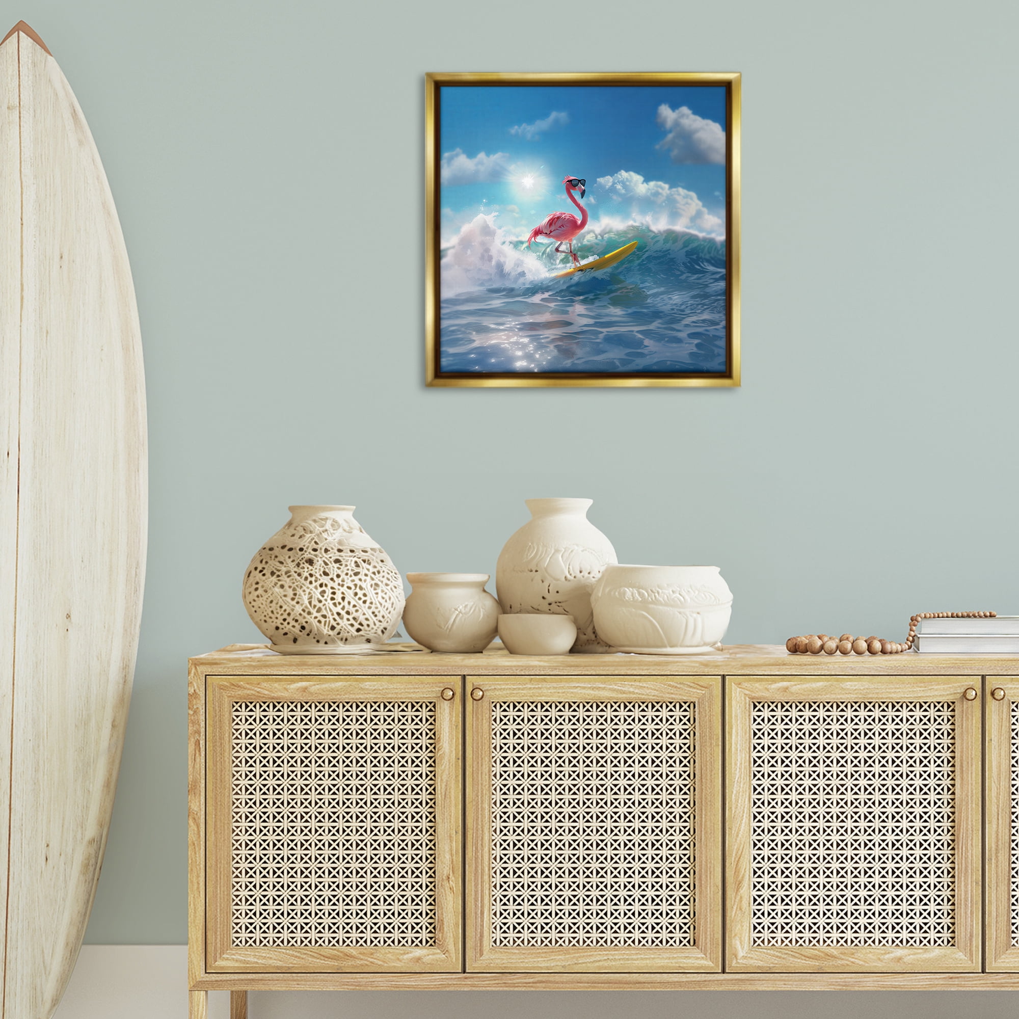 Stupell Industries Flamingo Surfing White Caps Nautical & Beach Painting Gold Floater Framed Canvas Art Print Wall Art, 25 x 25