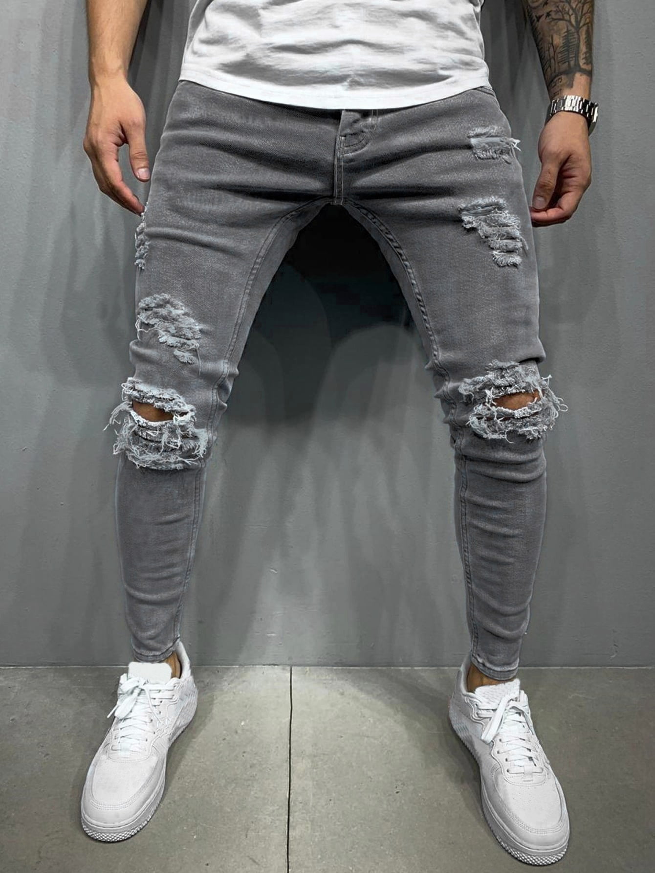 Grey Men Solid Ripped Skinny Jeans S(4 