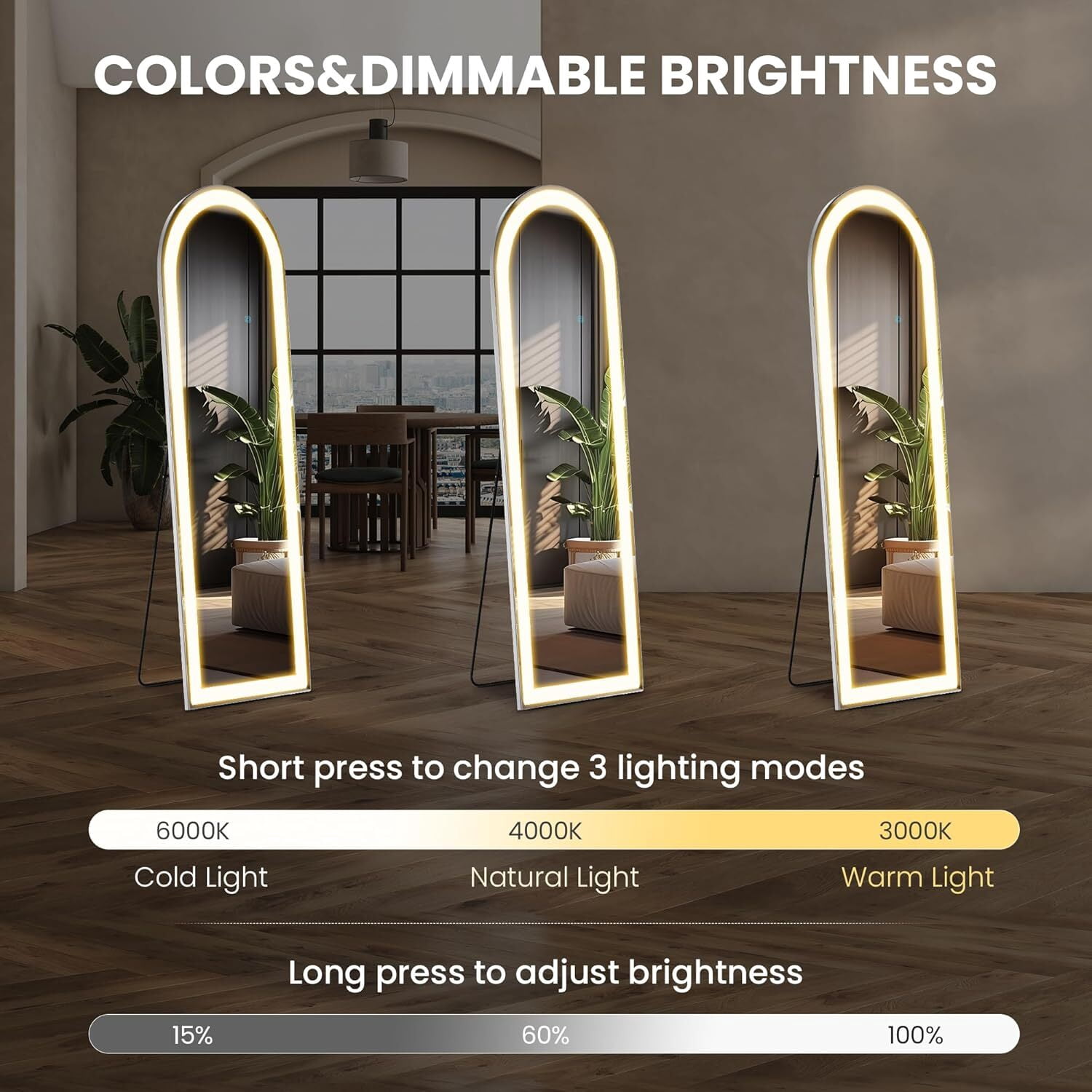 Lumora 21"x64" LED Arched Full Length Mirror Floor Mirror with Dimming & 3 Color Lighting