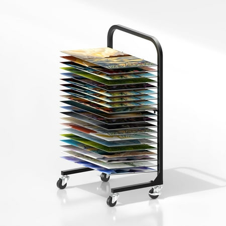 Art Drying Rack with 20 Shelves for Classroom - Large Paint Drying Organizer Rack with Lockable Wheels for Art Studios, Metal/Black