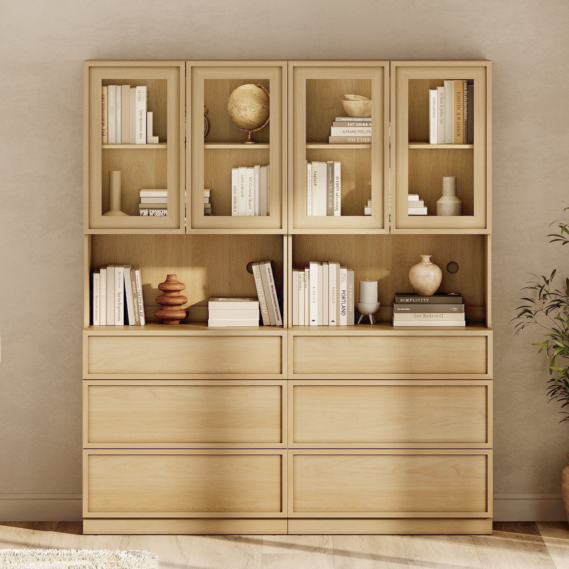 Modern 72" Tall Bookshelf with 6 Drawers and Book Shelves, Library Bookcase with Storage Cabinet and Glass Display Shelves,Oak