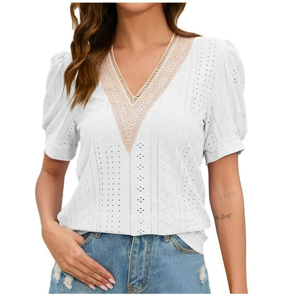 RYRJJ Women's Summer Dressy Tops Casual Guipure Lace Puff Sleeve Blouses Short Sleeve V Neck Cute Eyelet Loose Hollow T-Shirts(White,S)