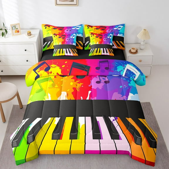 Erosebridal Coloful Piano Bed in a Bag Twin size, Chic Watercolor Bed Set, Melody Reversible Bedding Twin Size, Ultra Soft Bedroom Decoration, 7-Piece
