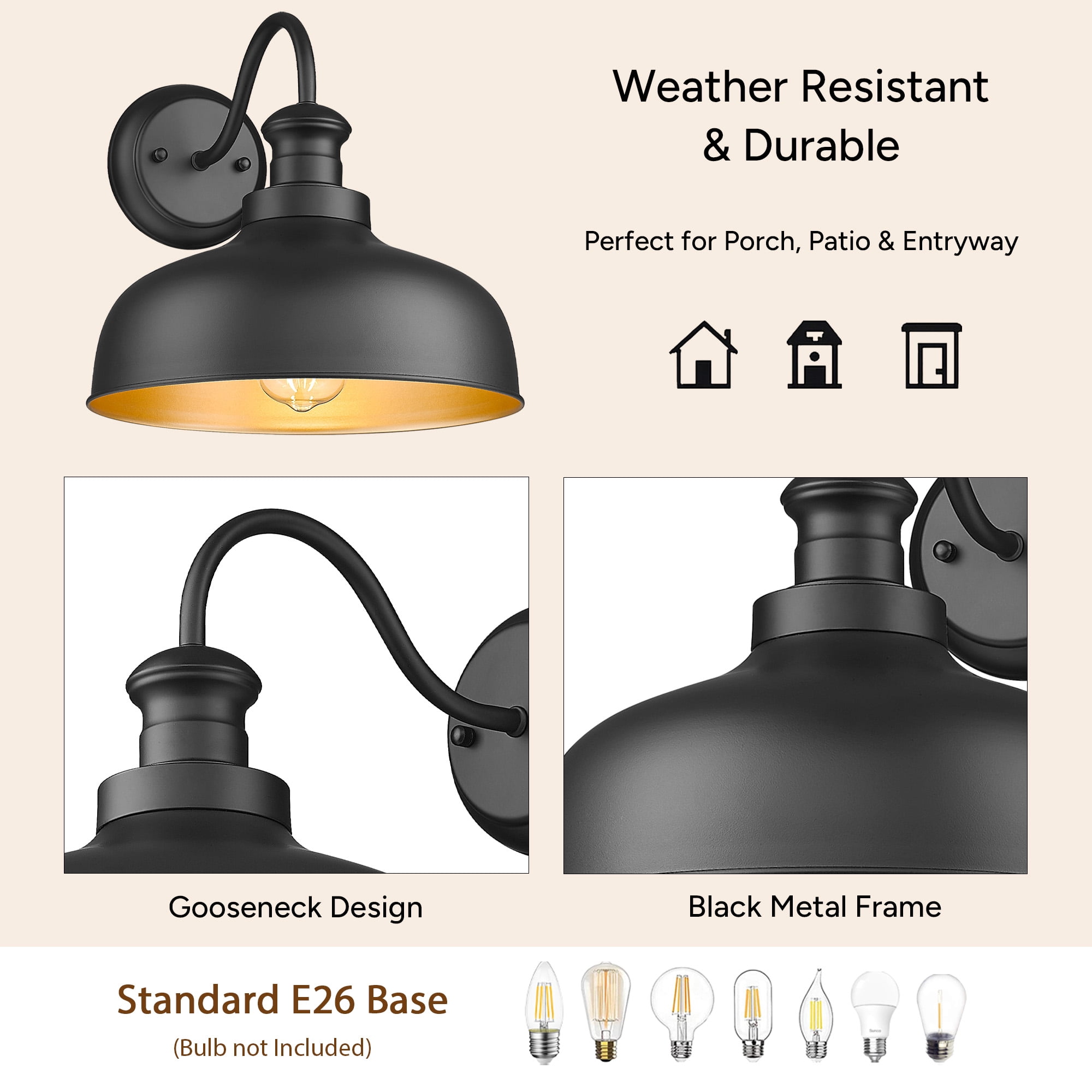 Outdoor Farmhouse Barn Light, Outside Wall Sconce, Weather Resistant Anti-Rust Farmhouse Exterior Wall Light, Outdoor Lantern Lamp for Porch, Garage, Patio, Entryway(Black, 4 Pack)