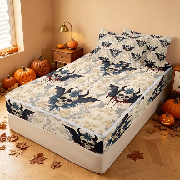 Homewish Halloween Baroque Devil Skull Zipper Twin Comforter Sets with Fitted Sheet and 2 Pillowcases, Dark Floral Blood Drip Zipper Bedding Set, Beige Gray Red, Black Reversible