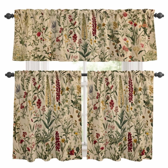 Rustic Botanical Kitchen Curtains Sets for Windows 36 Inch Length, Vintage Floral Wildflower Rod Pocket Window Treatments Tier Curtains and Valances Set for Bedroom/Bathroom
