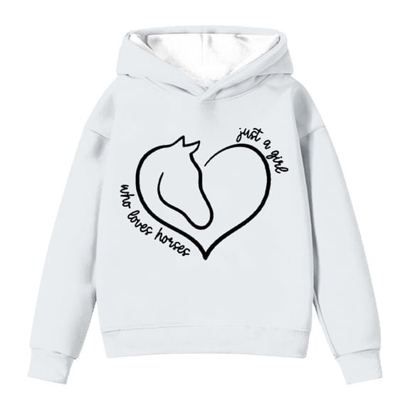 IWRICH Hoodies for Girls Graphic Heart Horse Print Long Sleeve Pullover Tops Cute Soft Cozy Hooded Sweatshirts,Size 2-14 Years White 160
