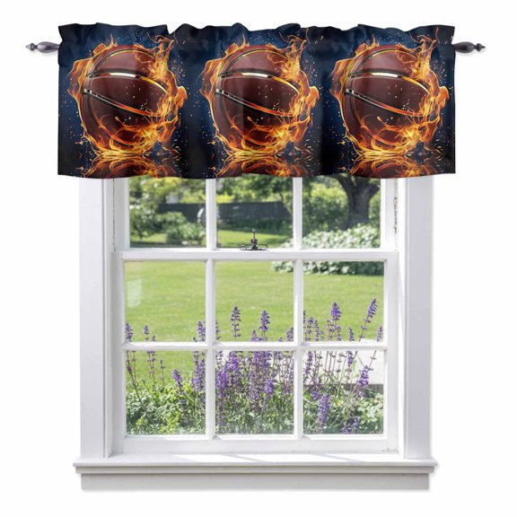 Kitchen Cafe Valance Curtain for Small Windows,Flaming Basketball Rod Pocket Short Valances,42x12in