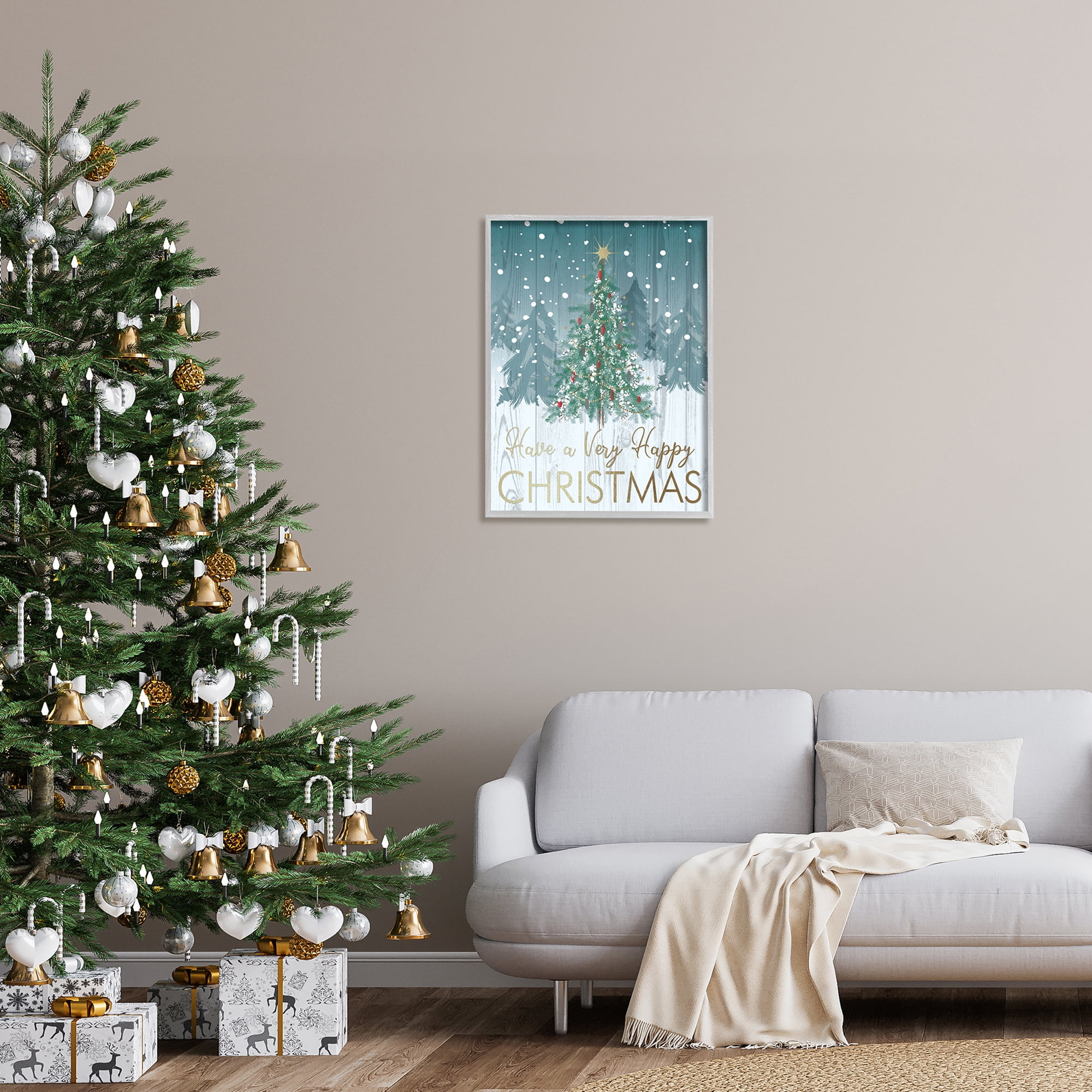 Happy Christmas Glam Detail Text Rustic Fir Tree Botanical & Floral Graphic Art Framed Art Print Wall Art