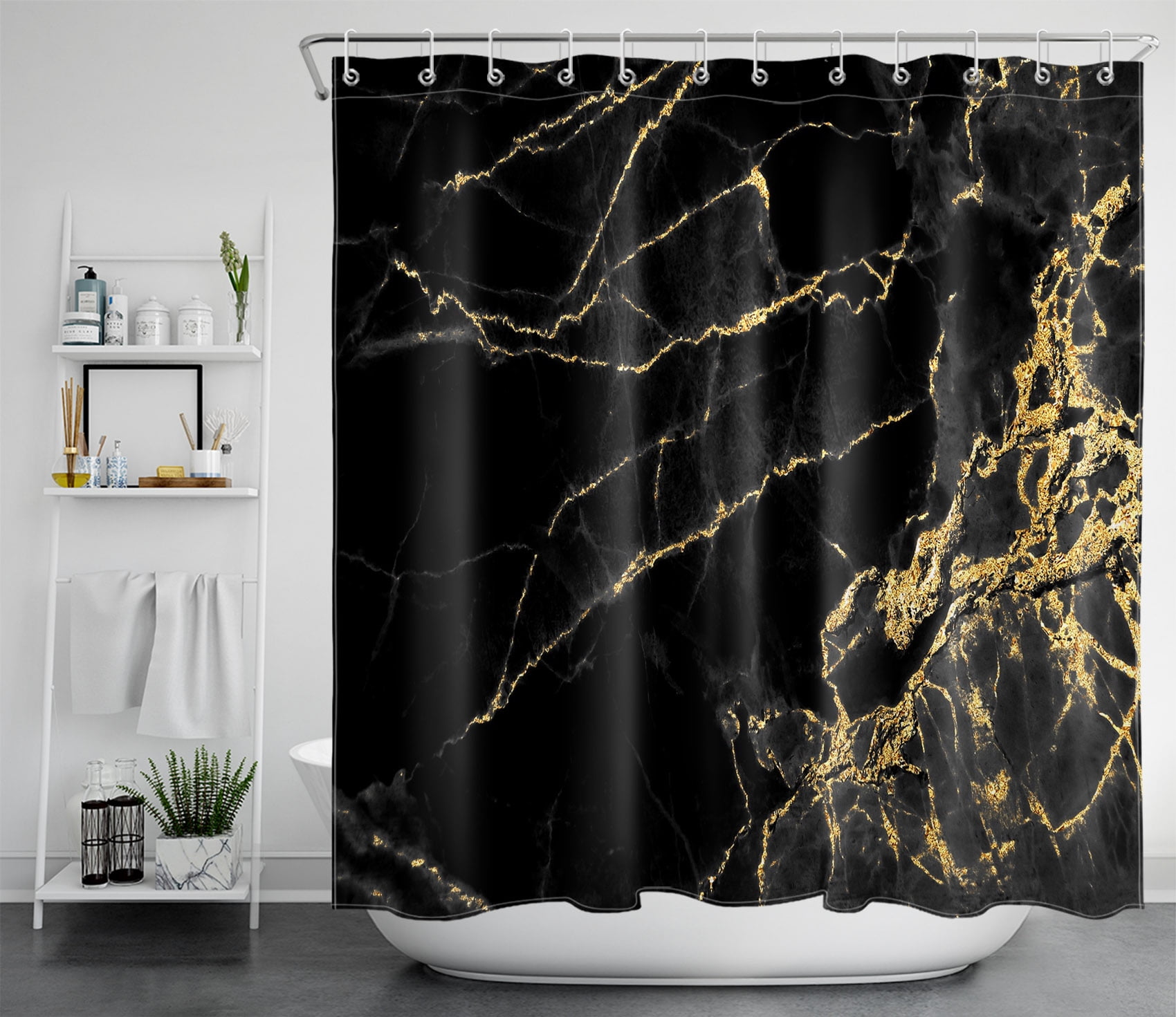 HVEST Marble Shower Curtain for Bathroom Decor,Black and Golden  Ripple Textured Shower Curtains with Hooks Polyester Waterproof Durable Fabric Bath Accessories,72x78 Inches