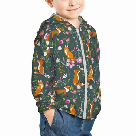 

Uemuo Wolf Fox In Flower Forest Pattern Rash Guard for Boys Girls Long Sleeve Swim Shirts UPF 50+ UV Sun Protection Hooded Fishing Shirt with Pocket for Kid-4 Years