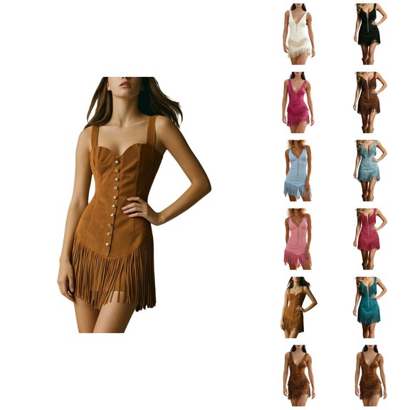 Western Fringe Camisole Dress Women Style Casual Bodycon Summer Cowgirl Sleeveless Short Dress