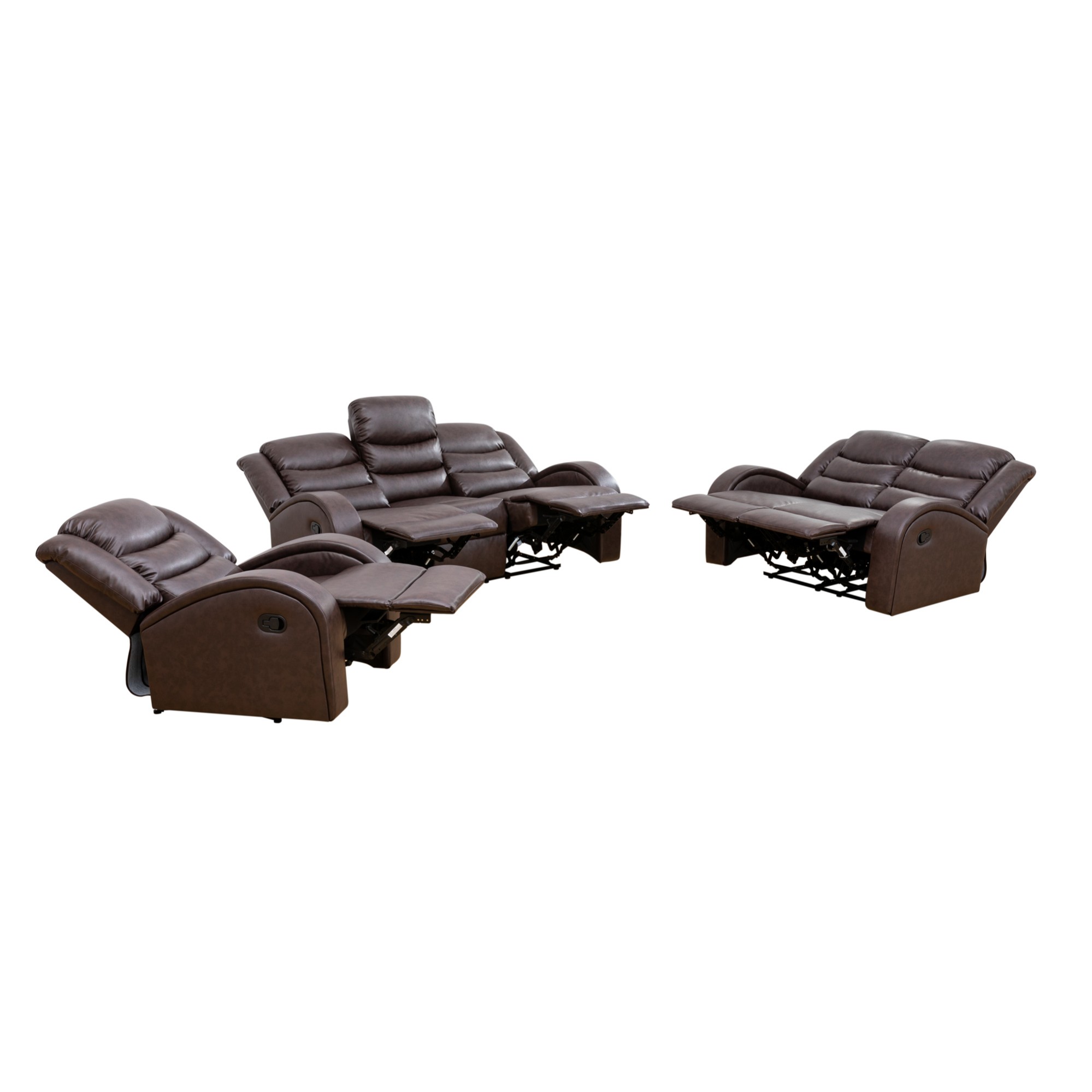 Gewnee Brown 3-Piece Living Room Recliner Sofa Set with Air Leather & Solid Wood Frame, Double-Layer Springs, Suitable for Living Room