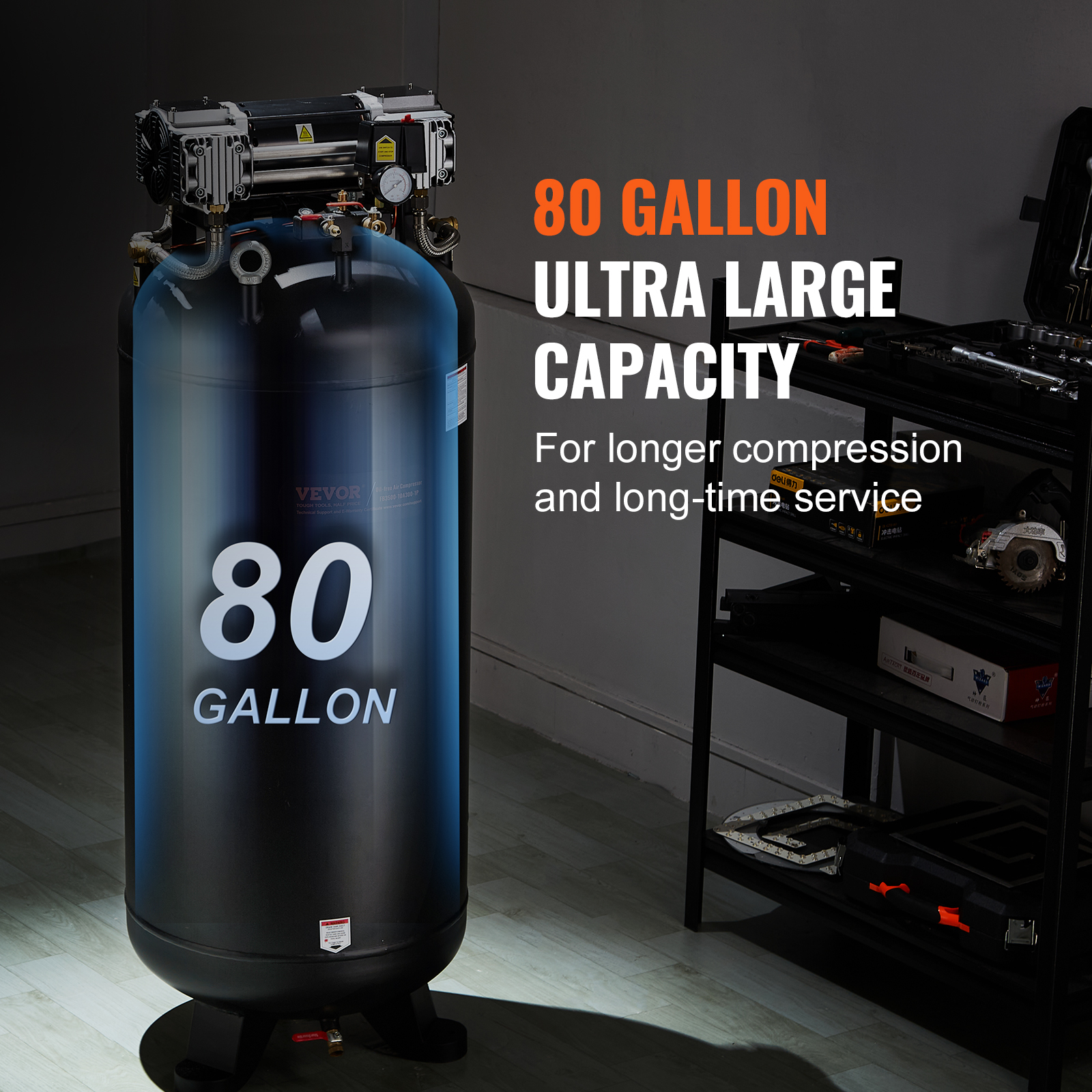 VEVOR 80 Gallon Compressor, 6.5HP, 15.5SCFM@90 PSI, Dual-Stage 145PSI, Oil-Free, 86dB Quiet Operation, Ideal for Manufacturing, Construction, Auto Repair