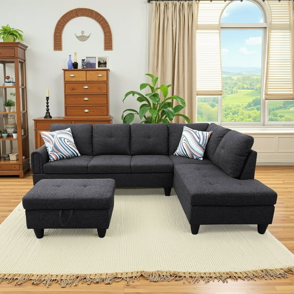 MAYEERTY Black Grey Linen Living Room Sectional Sofa Set