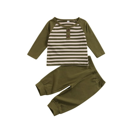 

Canrulo Infant Toddler Baby Boys Clothes Striped Long Sleeve Tops Pants Outfits Autumn Spring Clothing Army Green 12-18 Months
