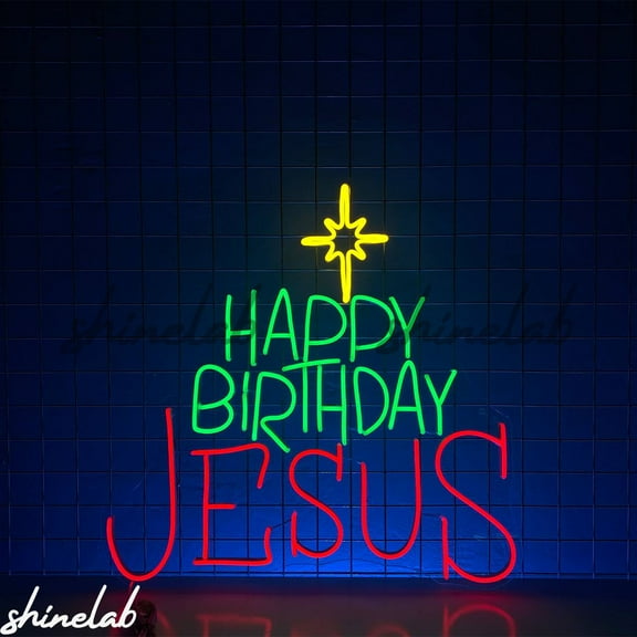 Shinelab Happy Birthday Jesus Neon Sign, Religious LED Art, Christmas Neon Sign