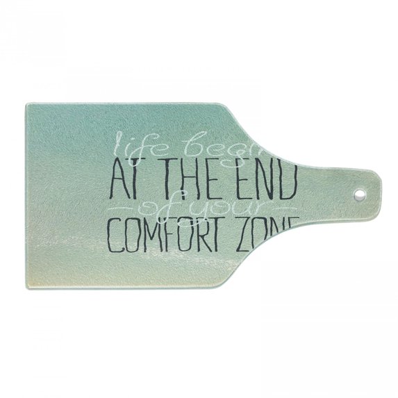 Lifestyle Cutting Board, Life Begins at the End of Your Comfort Zone Words Concept Print, Decorative Tempered Glass Cutting and Serving Board, Wine Bottle Shape, Multicolor, by Ambesonne