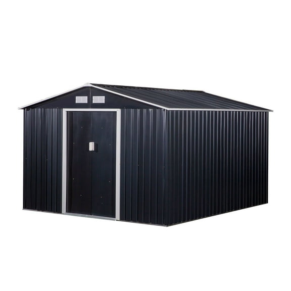 Metal Storage Shed 11'x9' - Garden Tool House w/ Double Sliding Doors & Vents - Dark Gray