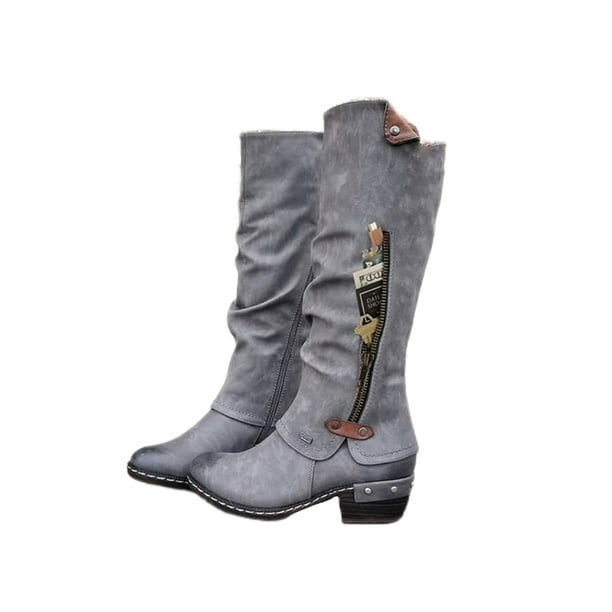 Rotosw Women MidCalf Boot Vintage Block Tall Riding Boots Walking Non