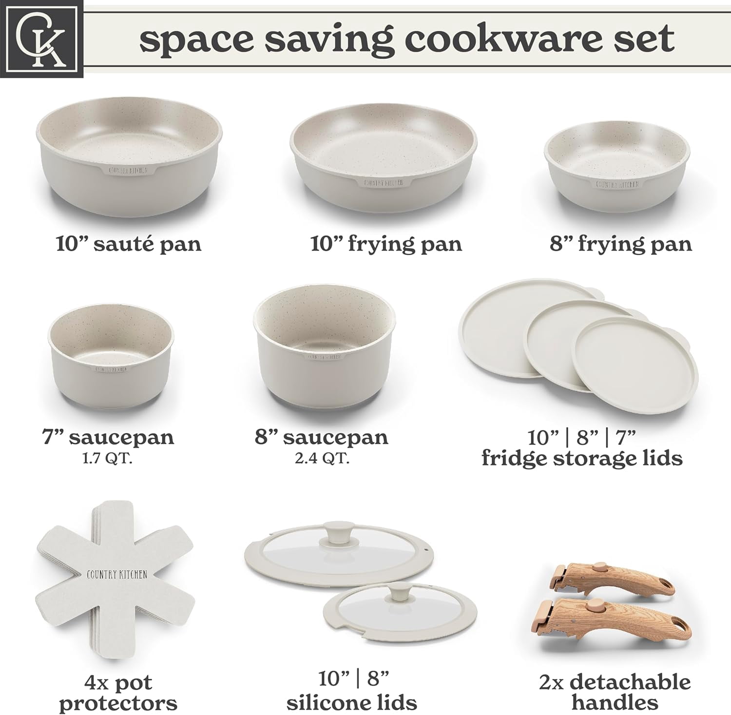 Country Kitchen Pots and Pans Cookware Set, 16-Piece, Ceramic Coated, Removable Handle, Cream