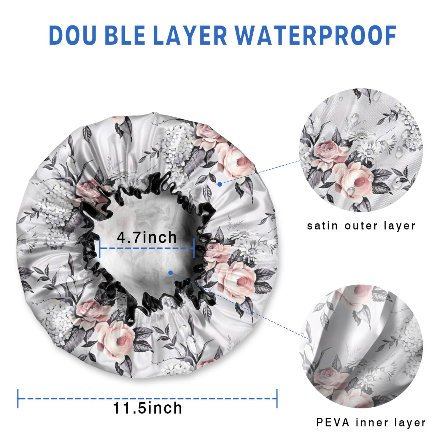 Shower Caps,Pioneer Flower Floral Print Pattern Waterproof Shower Cap for Women 4 Pieces,Double Reusable Hair Cover for Shower PEVA Elastic Stretch Hem