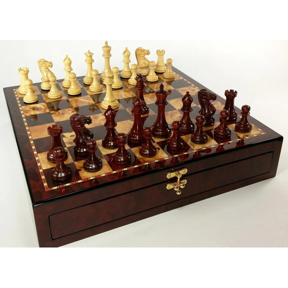 BLOOD ROSEWOOD 3 3/4" Anderssen Staunton Wood Chess Set Cherry Color Storage Bd