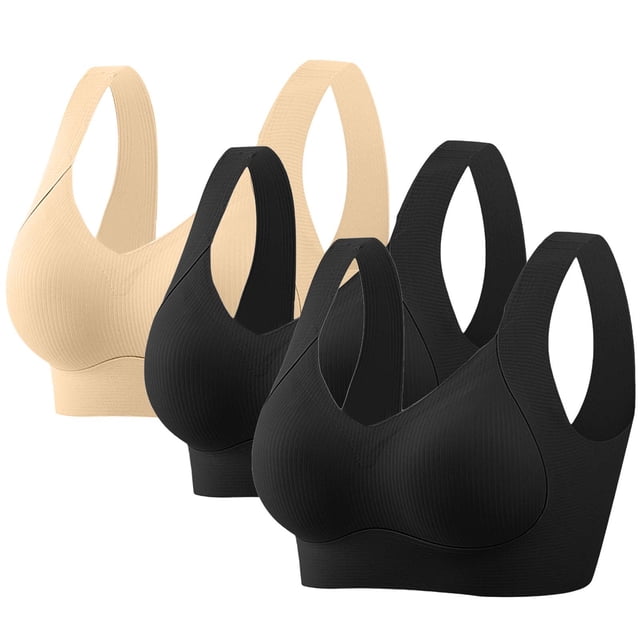 HongQid 3PCS No Underwire Comfortable Seamless Full-Coverage Wireless Bra for Women, Plus Sized Soft Support