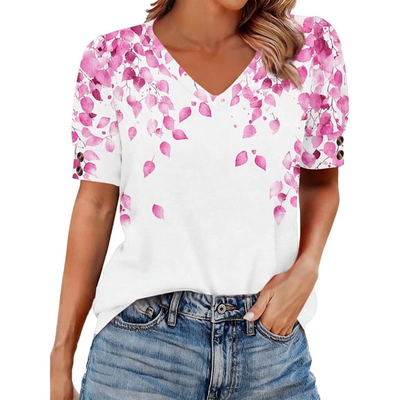 Staron Spring Summer Women's Printed Tops Casual V-Neck Button Down Shirt Short Sleeve Blouse, Pink M