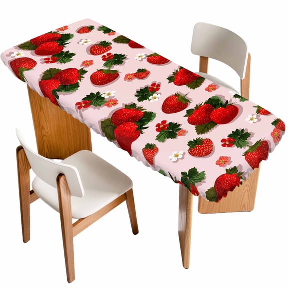 Pink Strawberry Table Cloths for 8 Foot Rectangle Tables, Spring Floral Watercolor Summer Botanical Patio Waterproof Elastic Fitted Tablecloths, Washable Rectangular Table Cover for Camping