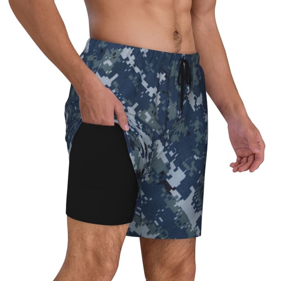 Mens Swim Trunks Navy Blue Digital Camouflage Quick Dry Board Shorts with Compression Liner