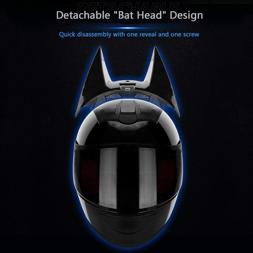 Personalized Full Face Cat Bat Ear Bluetooth Motorcycle Helmet Black Cool Adults Men Woomen Locomotive Helmet, Comfortable Breathable Scooter Moped Cruiser Jet Chopper Helmets, M（54-56cm）