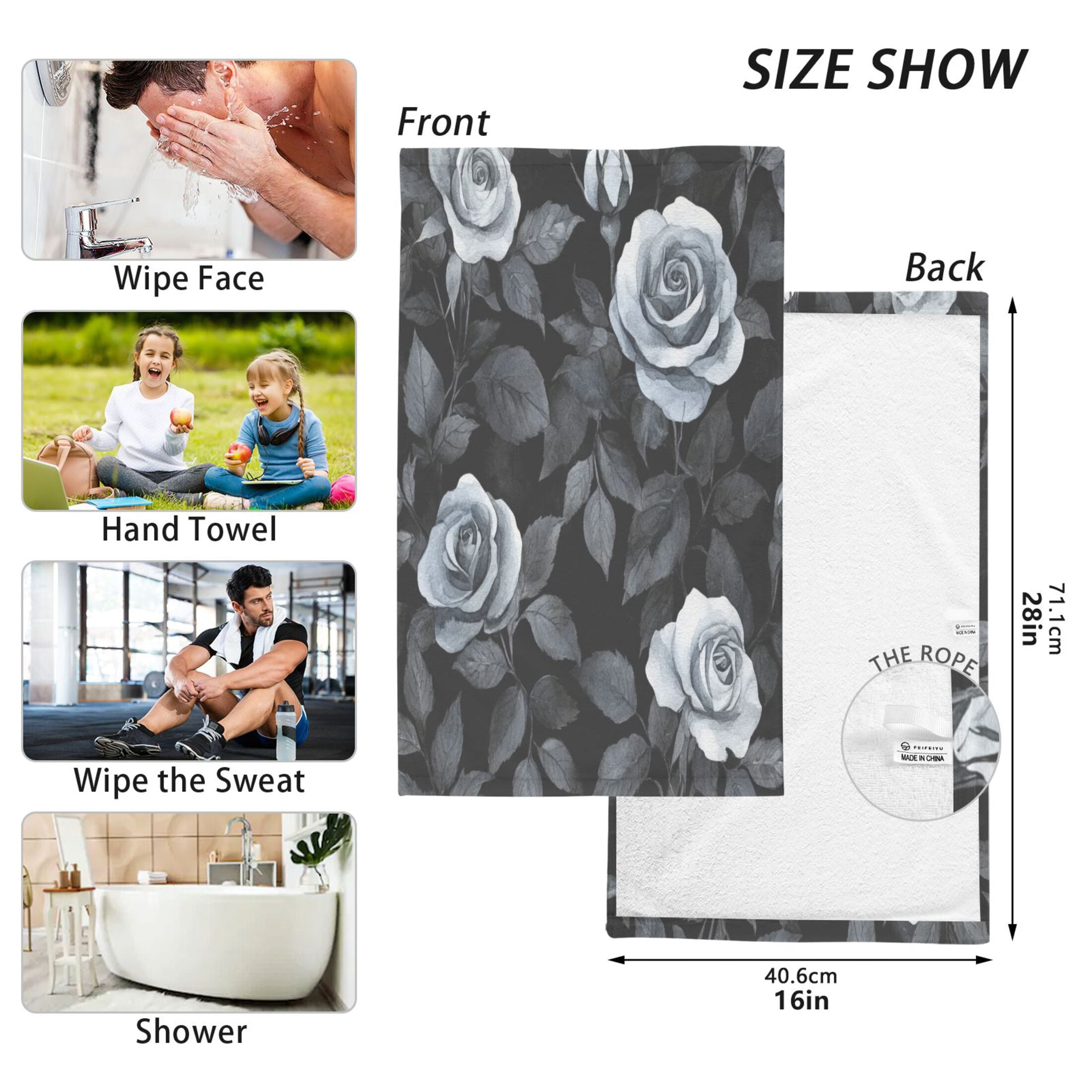 Cotton Towel Two-Piece 16x28 Inch One Sizex2 Face Towel Set Towel Set Cotton Hand Bath Towel Bathroom Beach Black Roses