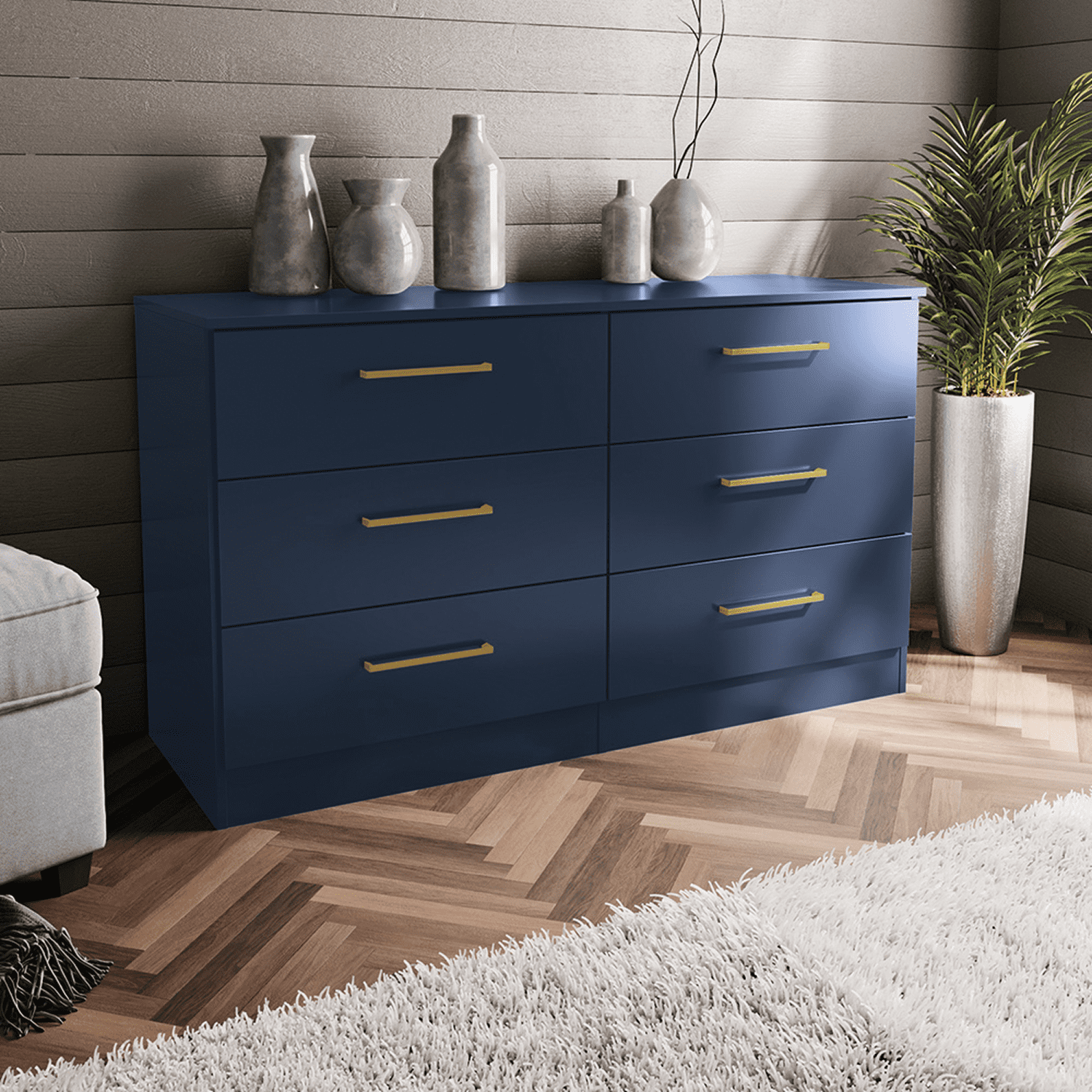 Kappesberg Jolyne 6-Drawer Horizontal Dresser, Blue with Gold Handles – Modern Bedroom Storage for Adults and Teens