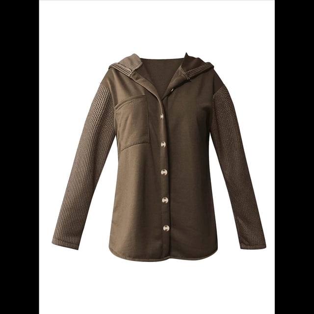 Sudadera Holgada de Larga para Mujer, Informal, con Botones y Capucha, con Bolsillo. Caqui Oscuro L