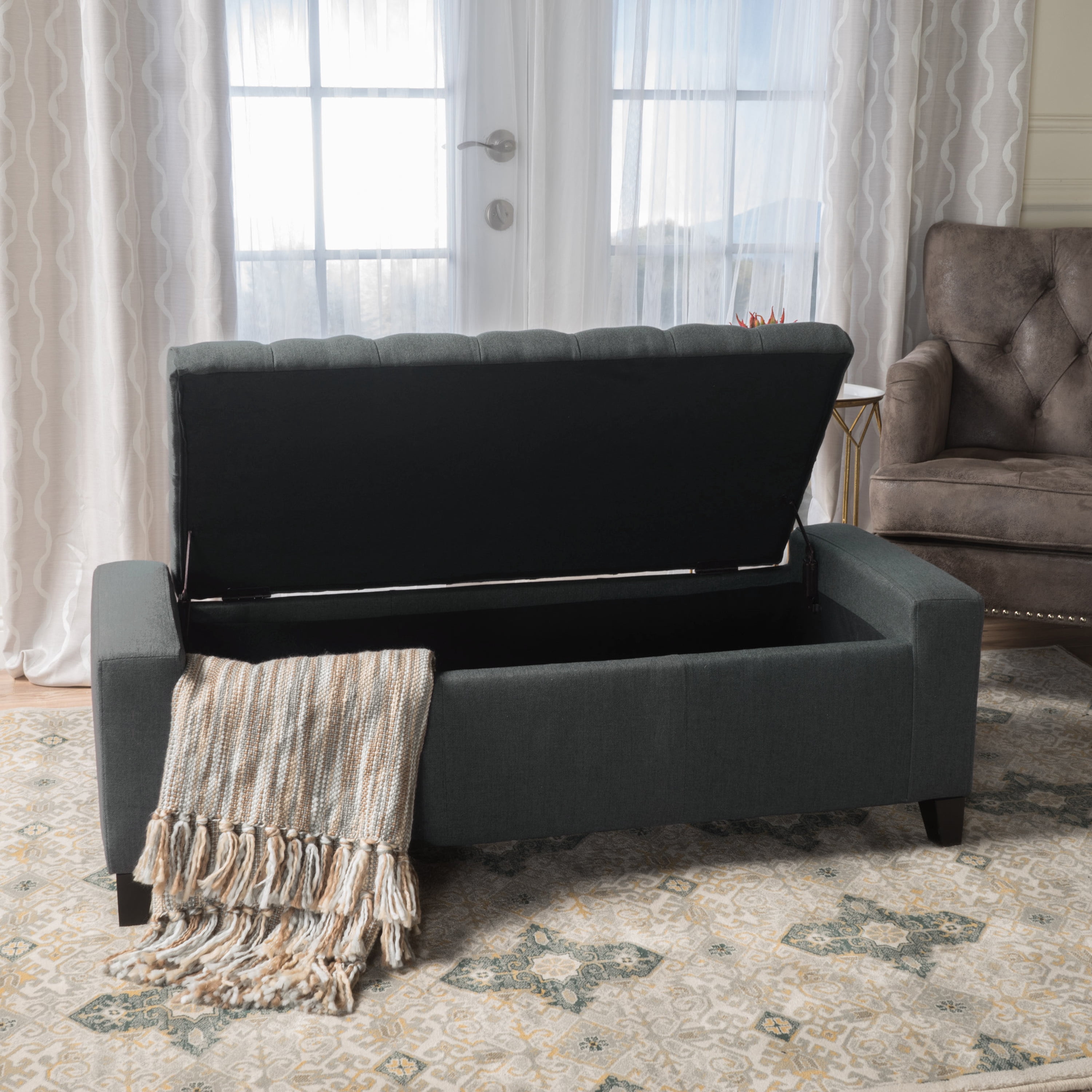 Euroco 51" Fabric Storage Ottoman Bench, Upholstered Padded Storage Bench for Living Room,Bedroom,End of Bed Bench, Dark Gray