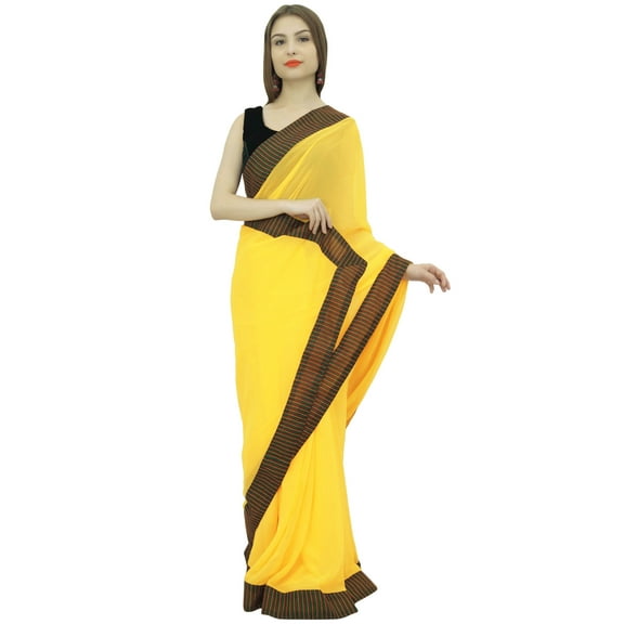 Atasi Indian Women's Traditional Yellow Georgette Casual Saree With Blouse Piece