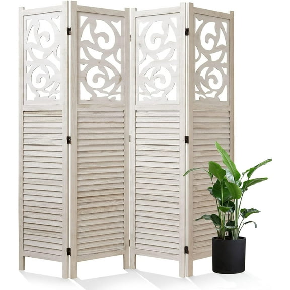 Room Divider Wood Carved Wall Divider Indoor Folding Portable Partition Screen for Home Office Garden Terrace - 4 Panel, 67 * 60inch (White)