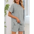 thumbnail image 6 of Women Casual 2 Piece Outfits Sweatsuits Summer Short Sleeve Loungewear Tracksuit Round Neck Lounge Shorts Sets Gray S, 6 of 10