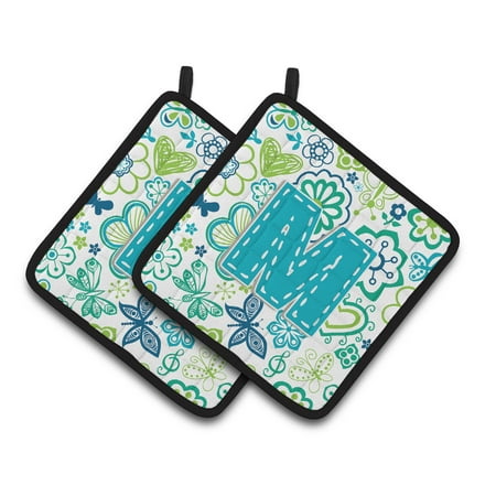 

Letter M Flowers and Butterflies Teal Blue Pair of Pot Holders