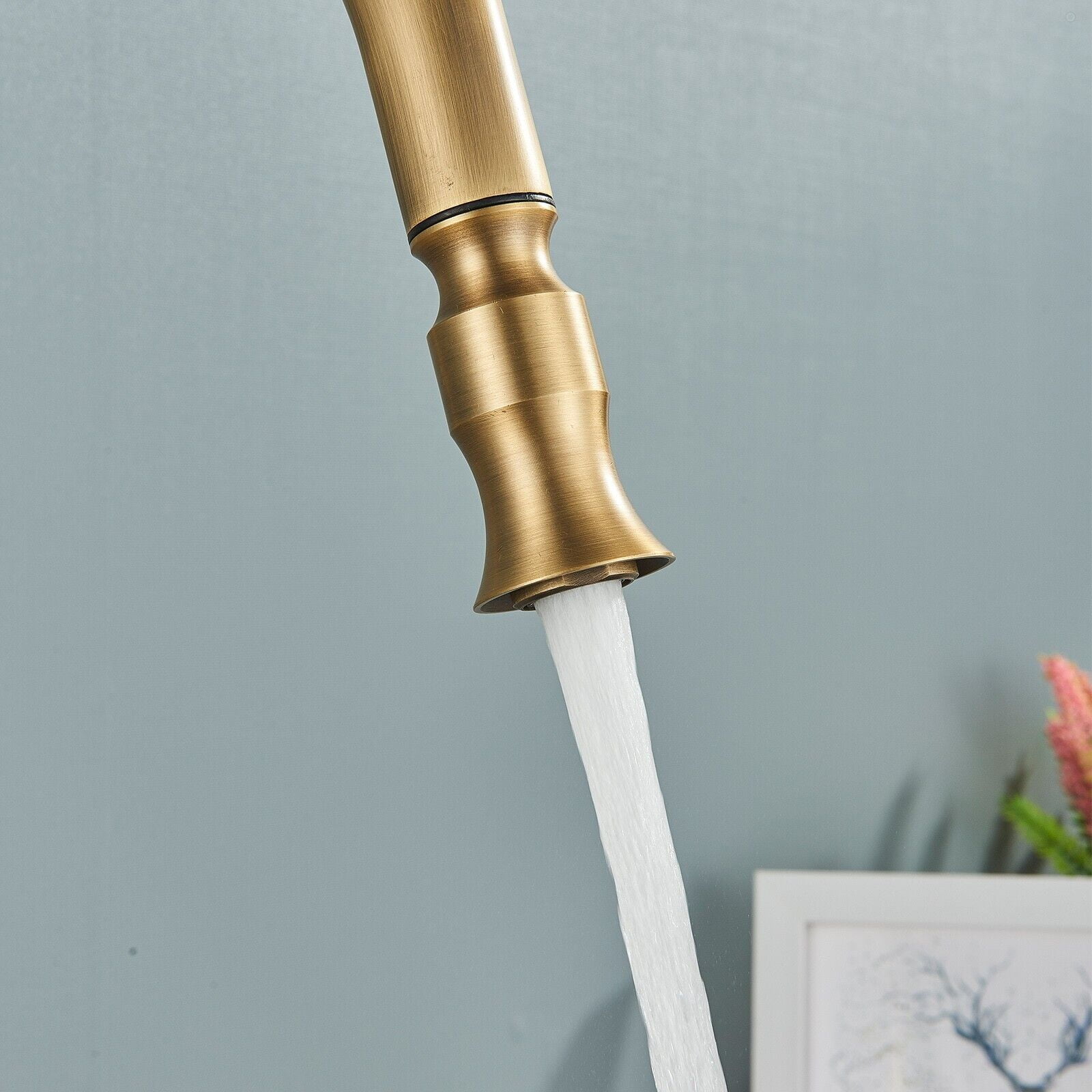 Antique Brass Kitchen Faucet Pull Down Sprayer Single Handle Swivel Spout Mixer