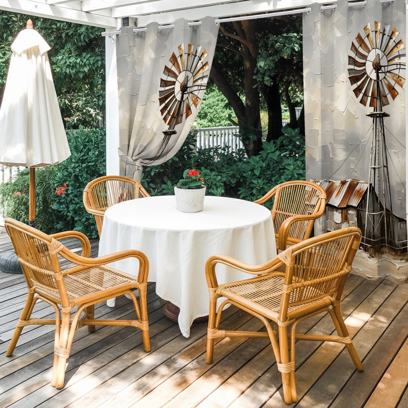 Gray Rustic Windmill Outdoor Curtains for Patio, Farmhouse Country Barn Oil Painting Sunshade Privacy Drapes Grommet Waterproof Outside Curtains for Porch/Cabana/Balcony 54"x 84", 2 Panel