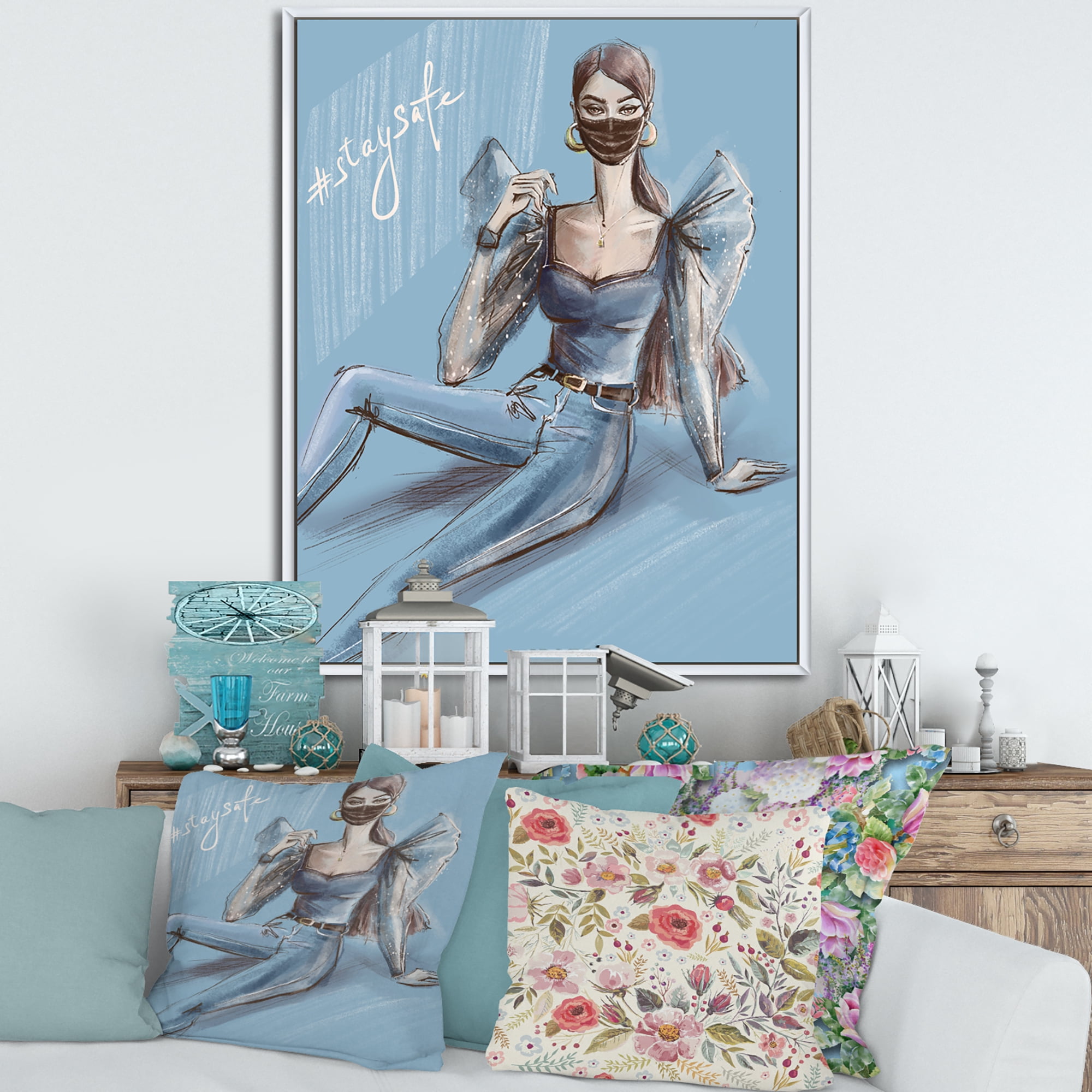 Designart 'Stylish Beautiful Woman Wearing Medical Mask' Traditional Framed Canvas Wall Art Print