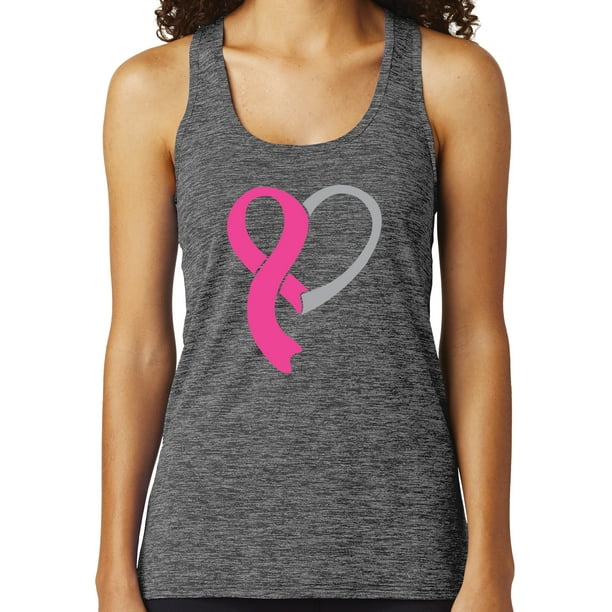 Womens Breast Cancer Awareness Heart Ribbon Yoga Tank Top, Gray Black  Electric, 2XL 