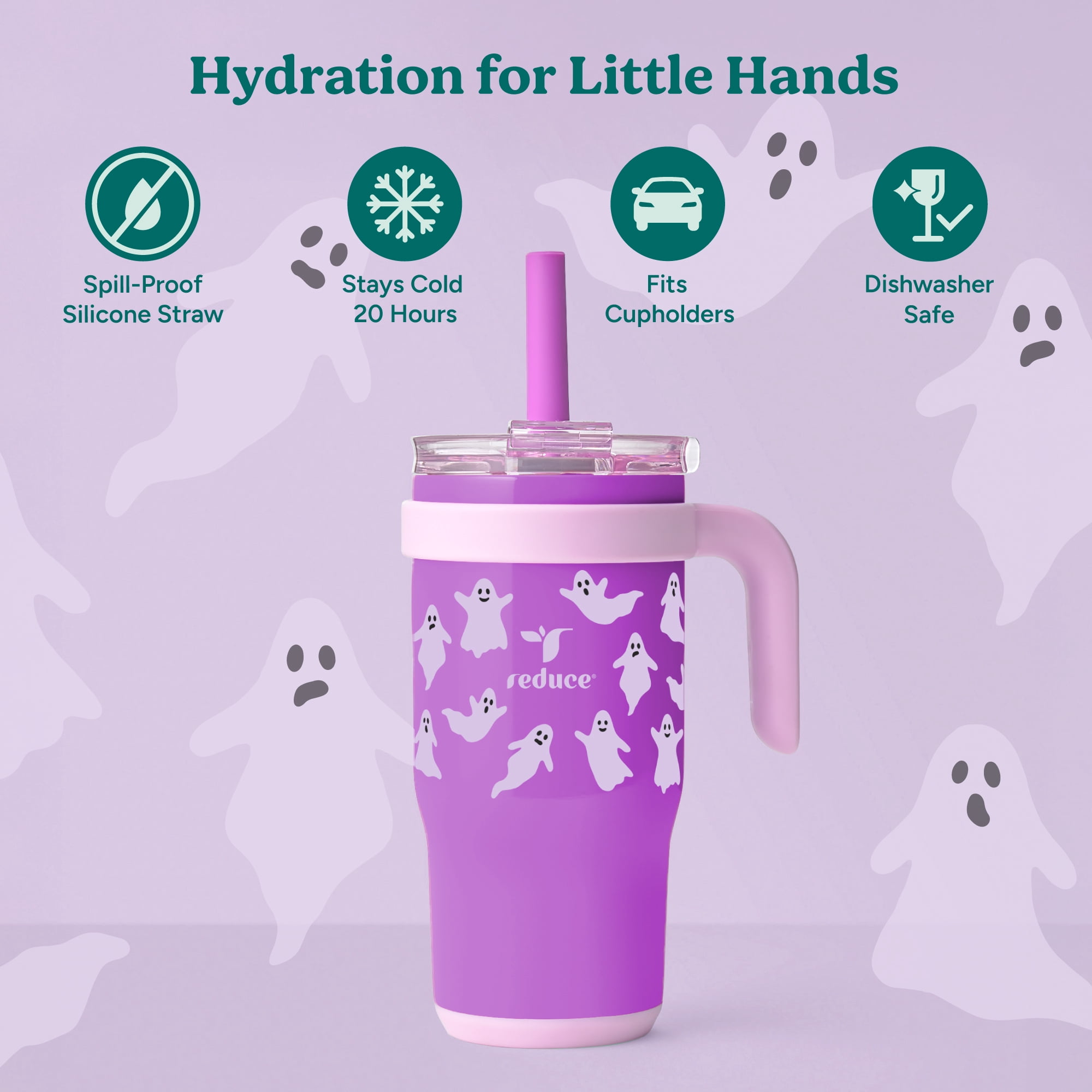 Reduce Coldee Kids 18 oz Halloween Tumbler with Spill-Proof Straw & Handle. Insulated Stainless Steel, Booberry