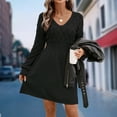 thumbnail image 5 of Women's Fall Winter Casual V-Neck Lace Openwork Scale Texture Solid Color Long Sleeve Sweater Dress, Elegant Knit Dress with Unique Details for Women,Black,M, 5 of 9
