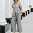 thumbnail image 4 of QATAINLAV Linen Sets for Women 2 Piece Short Sleeve Shirts and Wide Leg Trousers Loose Fit Flowy Summer Beach Vacation Outfits Gray M Mother's Day Gifts, 4 of 9